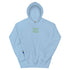 Blue unisex hoodie with embroidered text: &