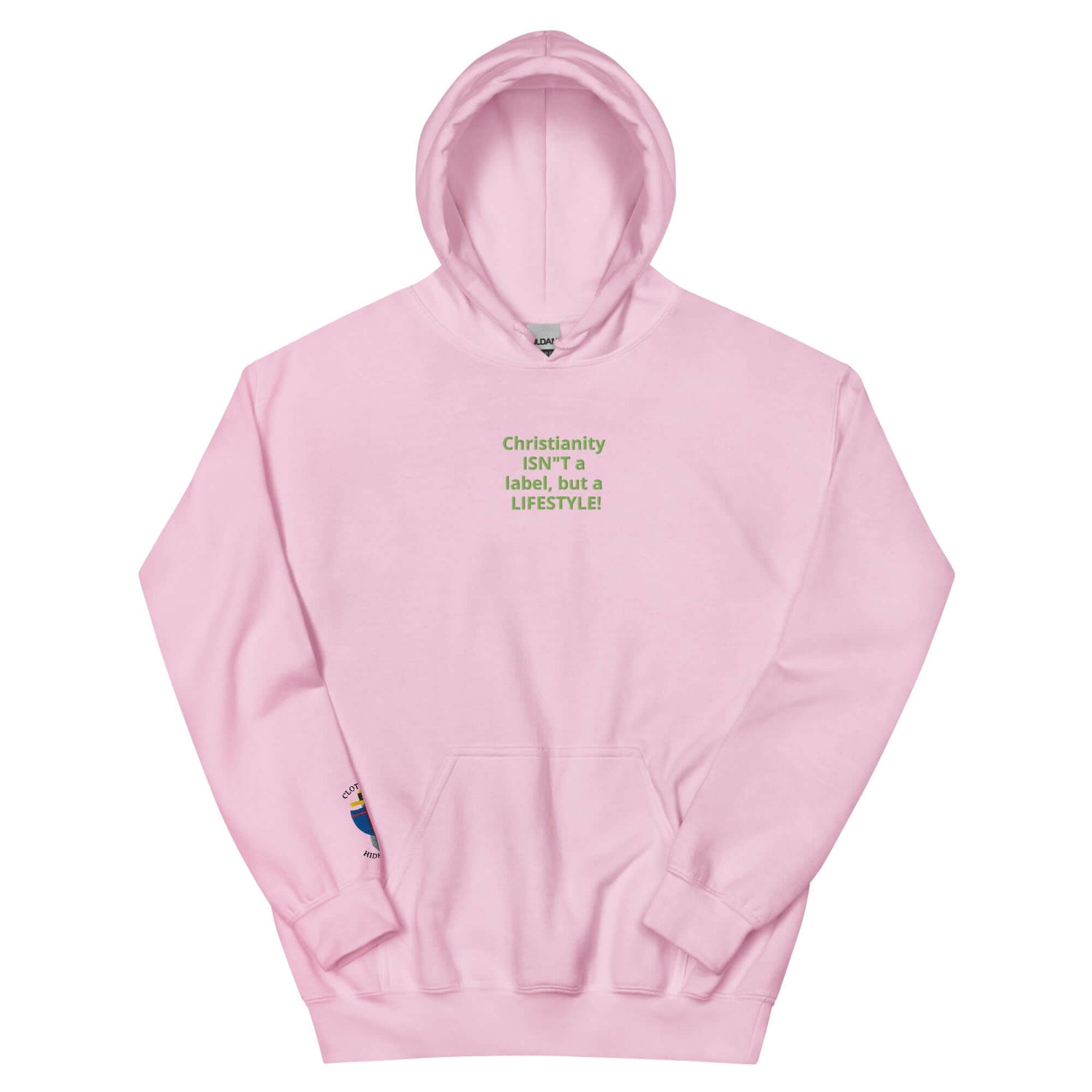 Pink unisex hoodie with green text that reads &