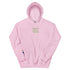 Pink unisex hoodie with green text that reads &