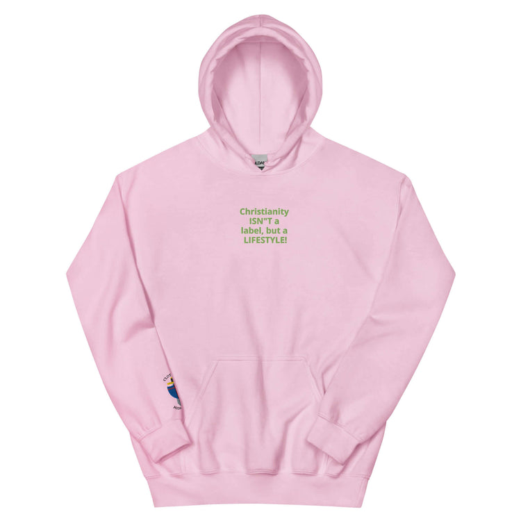 Pink unisex hoodie with green text that reads &