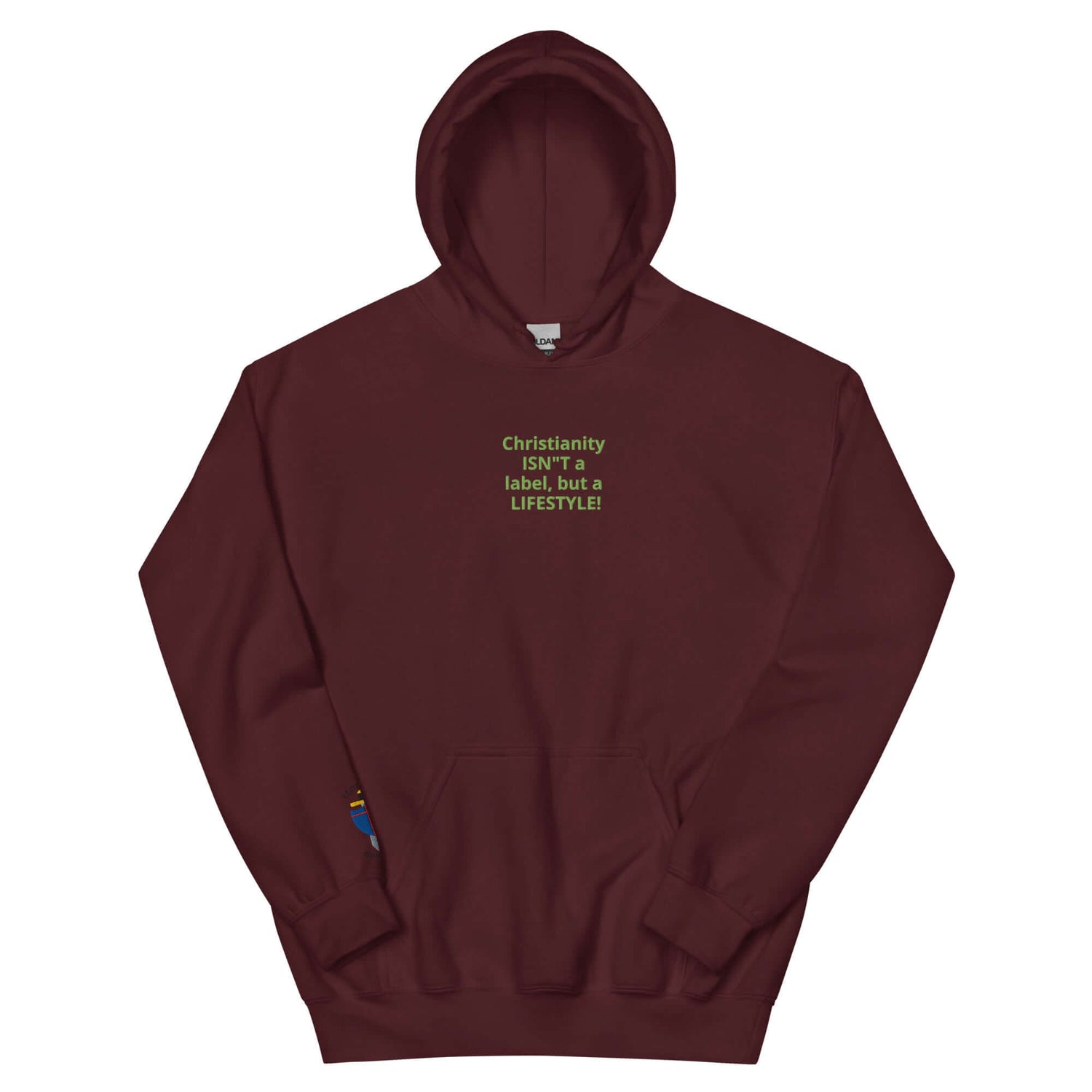 Maroon unisex hoodie with embroidered text &