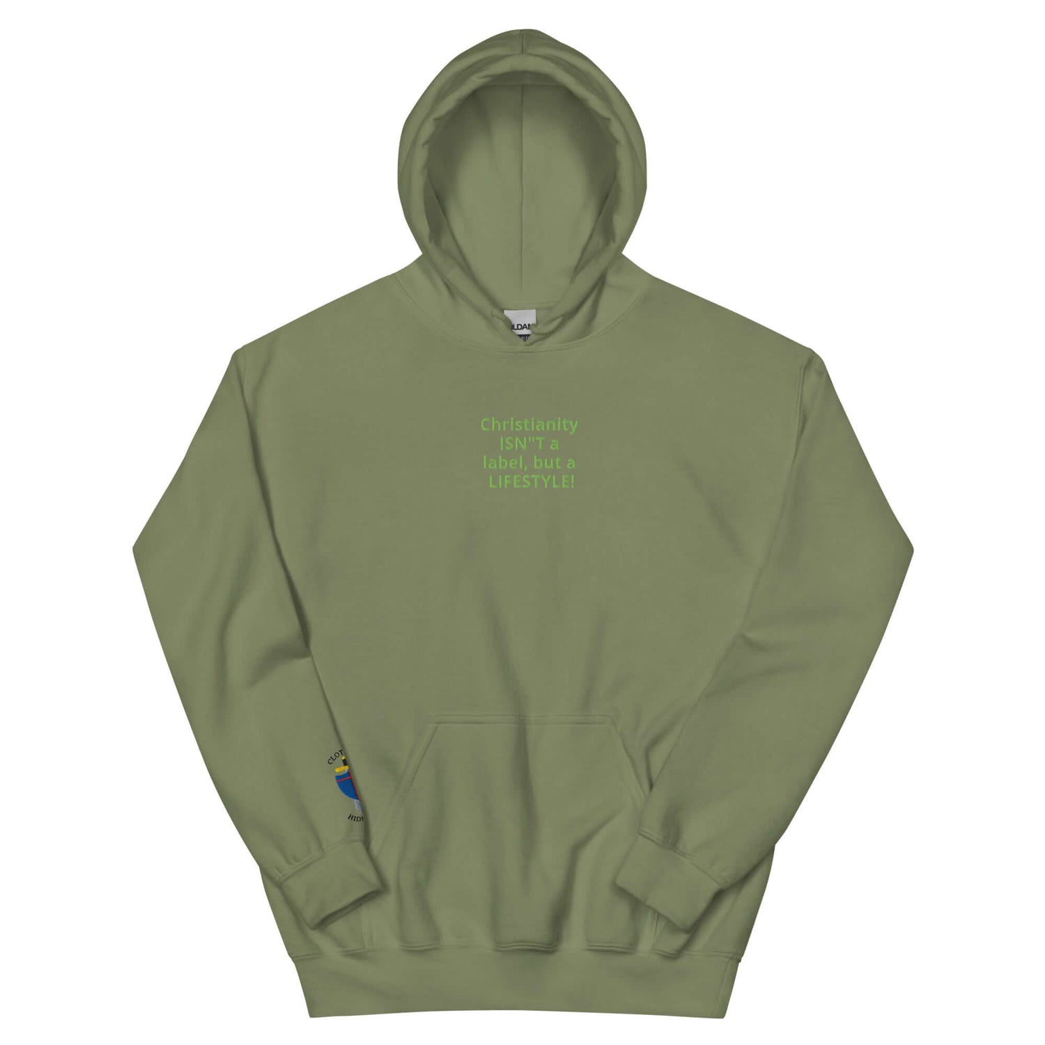 Unisex embroidered hoodie in olive green with the text &
