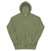 Unisex embroidered hoodie in olive green with the text &