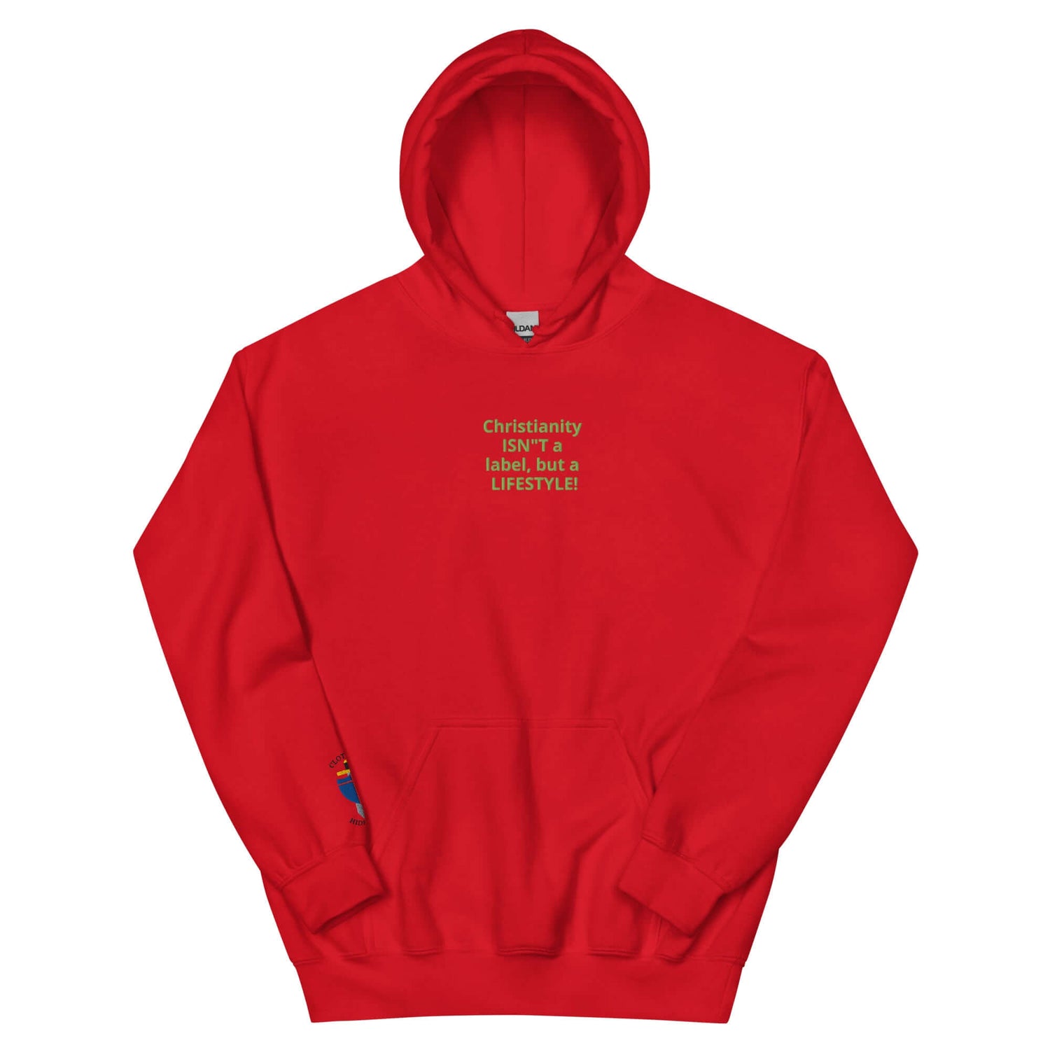 Red unisex hoodie with the text &