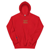 Red unisex hoodie with the text &