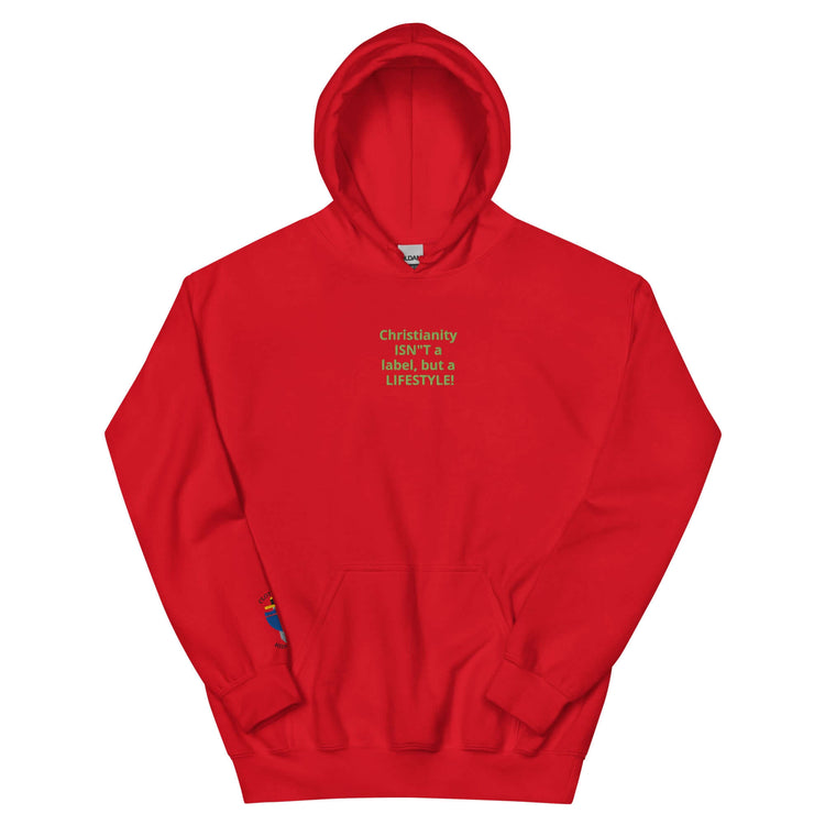 Red unisex hoodie with the text &