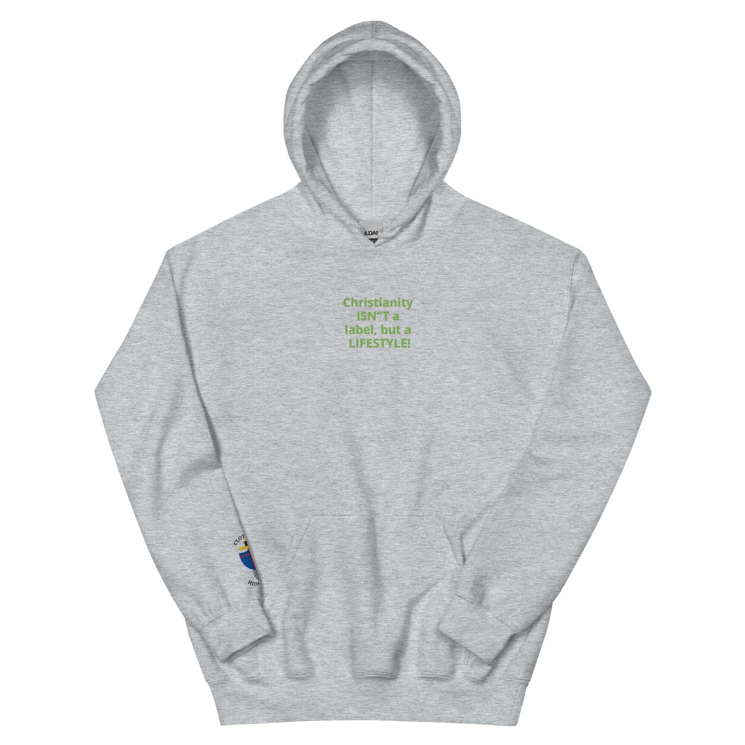 Unisex grey hoodie with green text: &