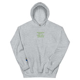 Unisex grey hoodie with green text: &