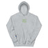 Unisex grey hoodie with green text: &
