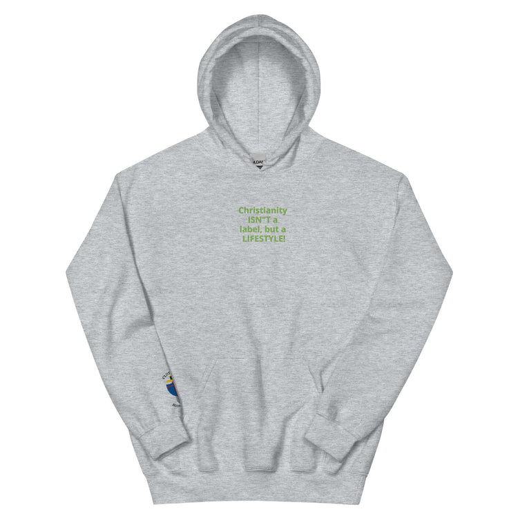 Unisex grey hoodie with green text: &