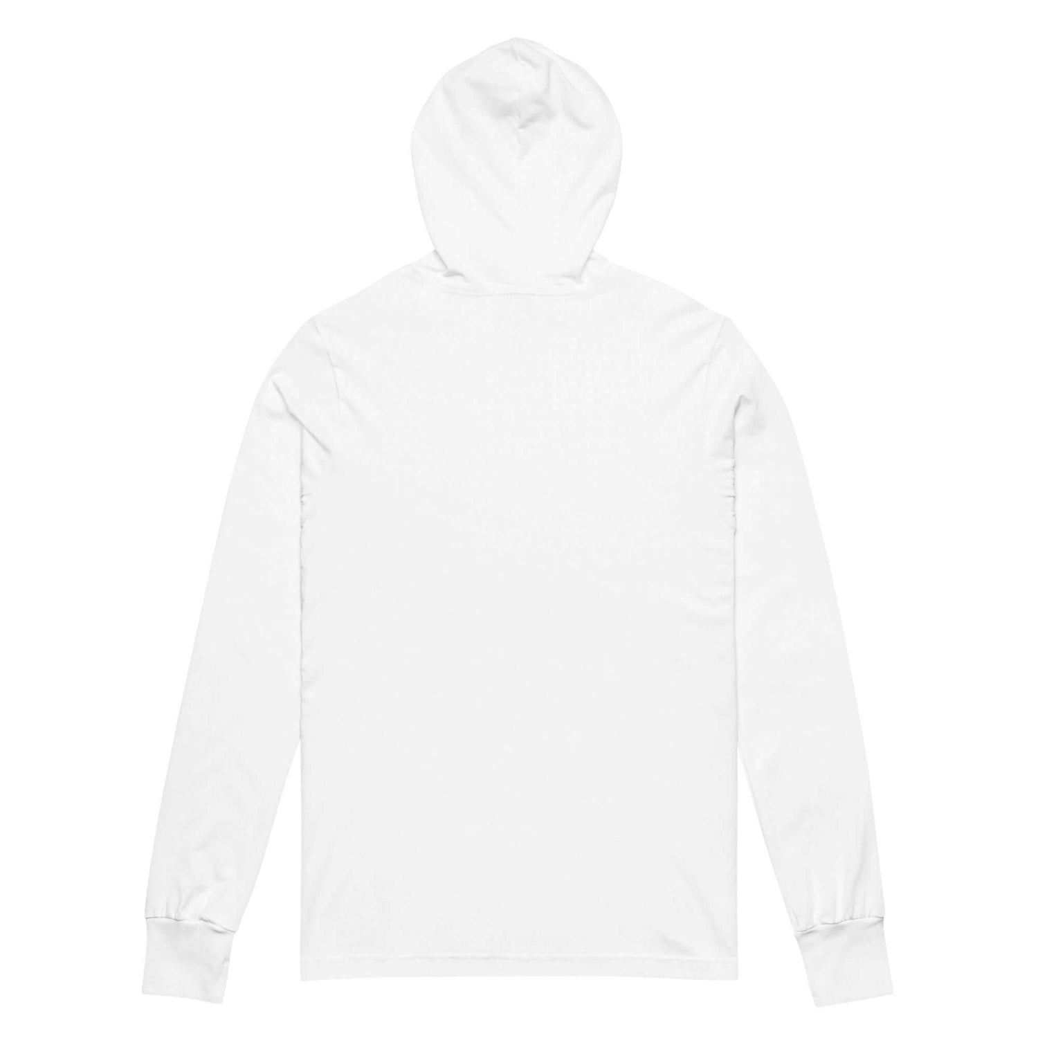 Back view of a white unisex hooded long-sleeve tee featuring 2 Timothy 3:16-17 design.