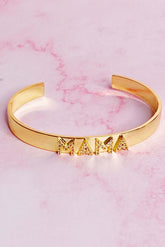Mama open bangle bracelet in 18k gold plated brass with shiny CZ accents, perfect gift for mothers.