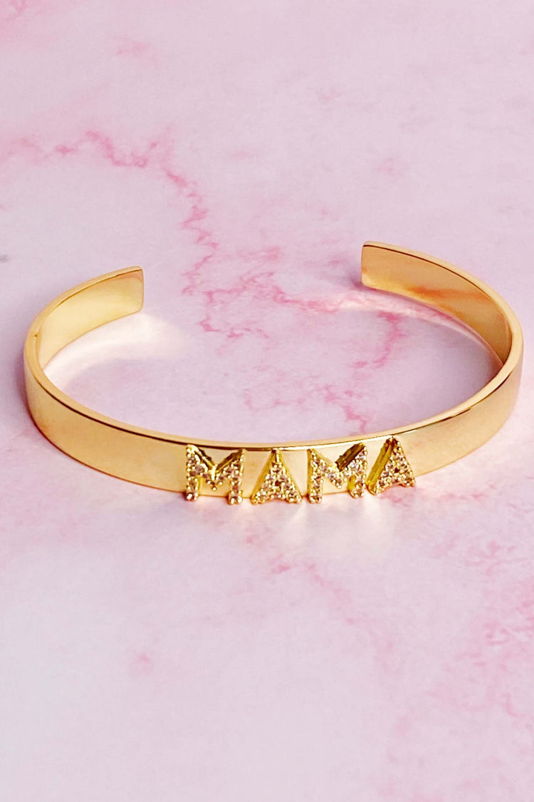 Mama open bangle bracelet in 18k gold plated brass with shiny CZ accents, perfect gift for mothers.