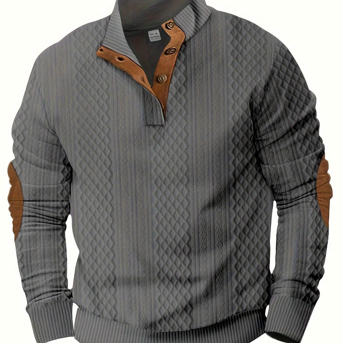 Stylish knit shirt for men with gray color and brown accents, perfect for spring and fall wardrobe.