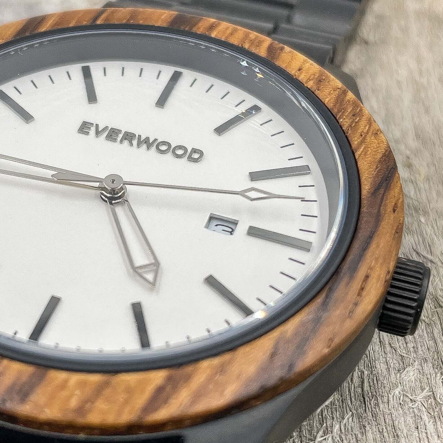 Inverness SS watch featuring Zebrawood bezel, Miyota Japanese quartz movement, and stainless steel adjustable strap.