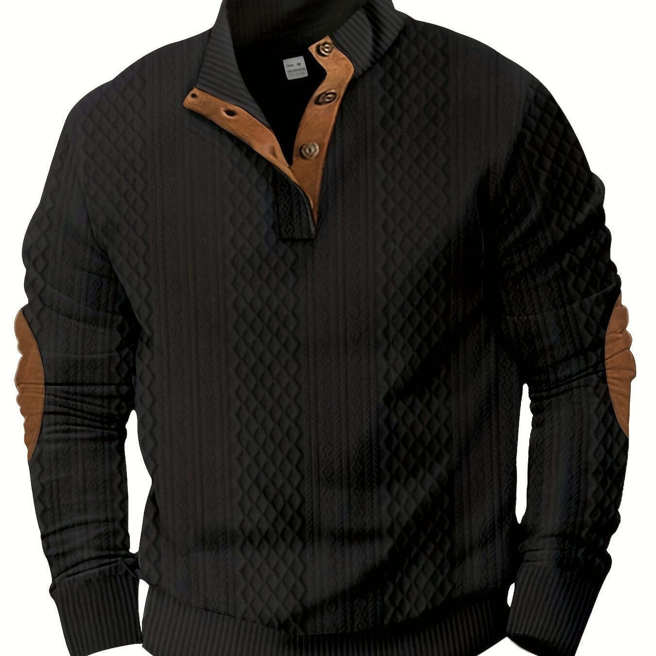 Stylish color block men's knitted shirt in black with brown accents, perfect for spring and fall wardrobes.