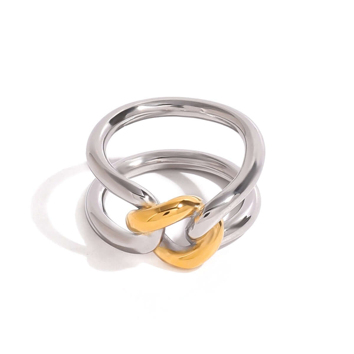 18K gold-plated hollow ring with gold and silver contrast design, showcasing a unique and modern fashion style.