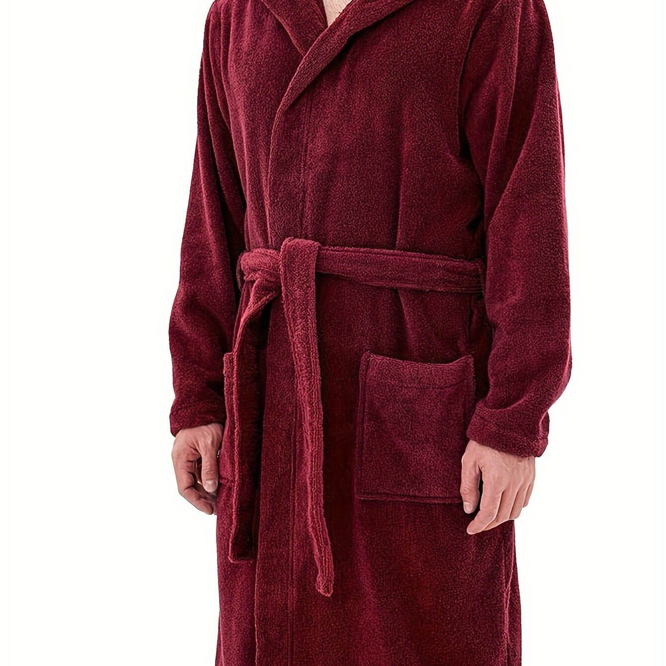 Men's cozy hooded robe in warm burgundy, perfect for lounging and relaxation.