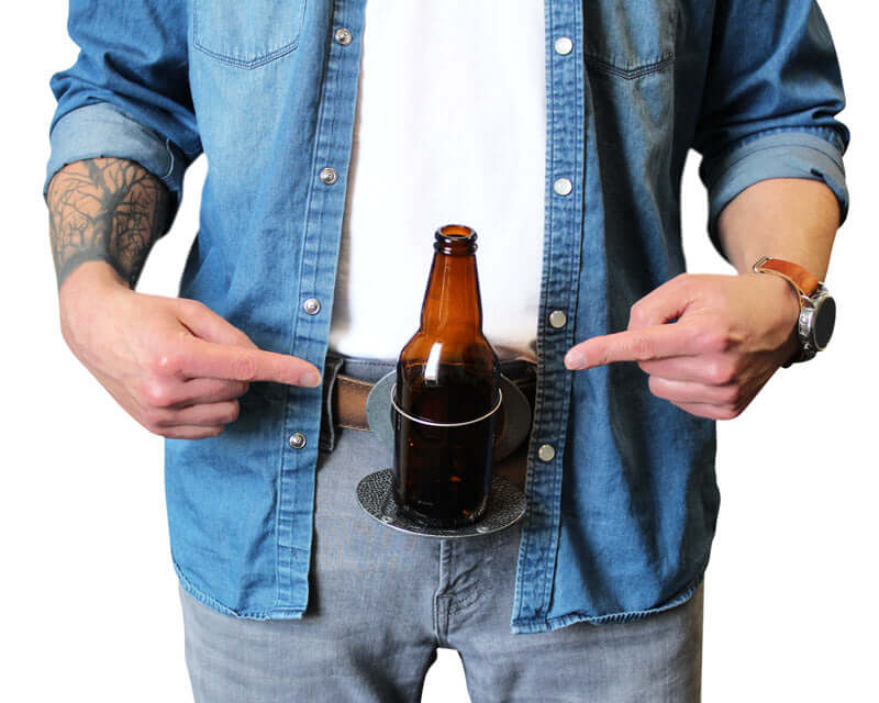 Man wearing 'Merica Belt Buckle holding a brown beer bottle, showcasing the innovative BevBuckle design.