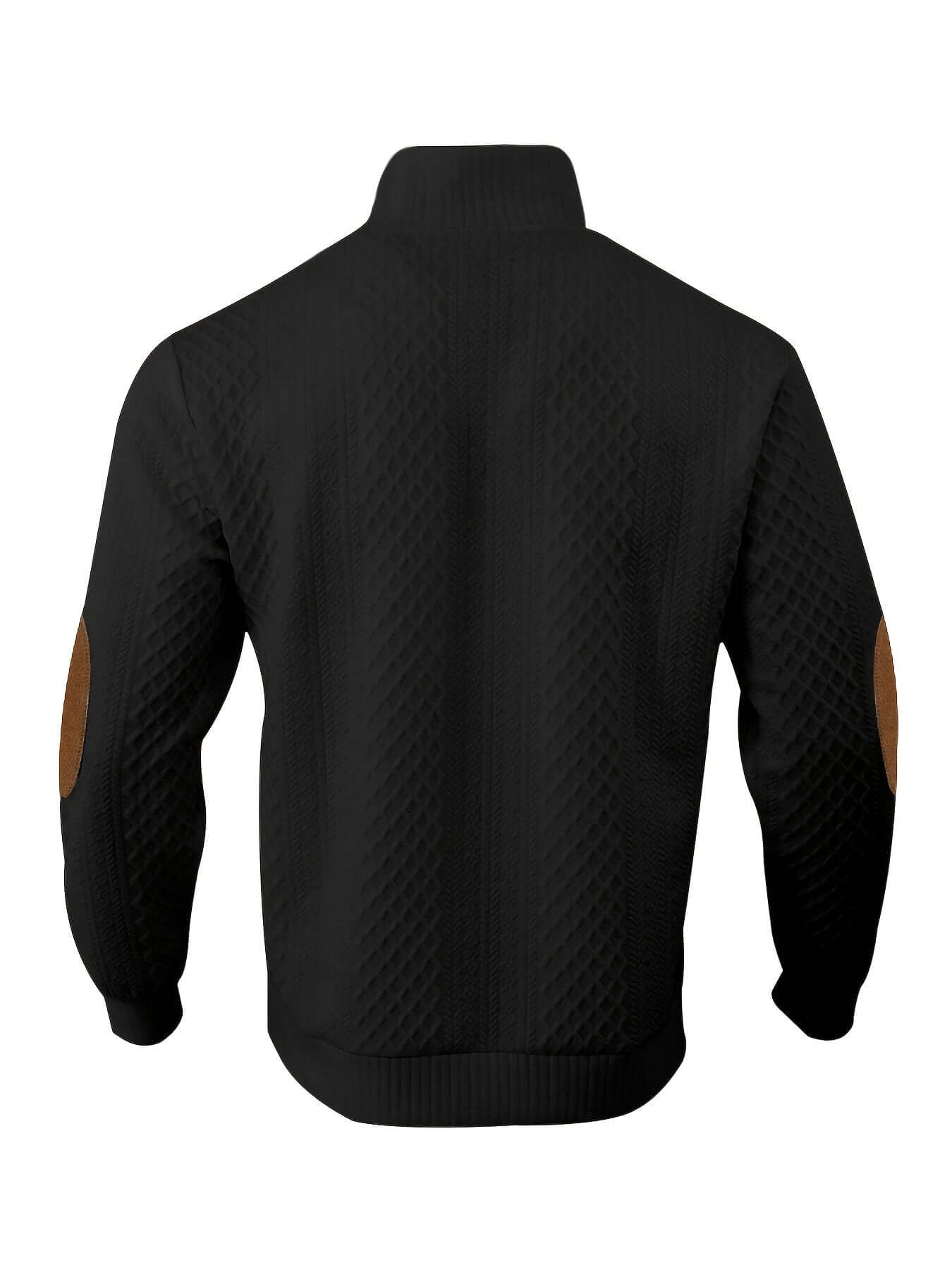 Back view of a black knitted jacket with quilted design and brown elbow patches, perfect for casual wear.