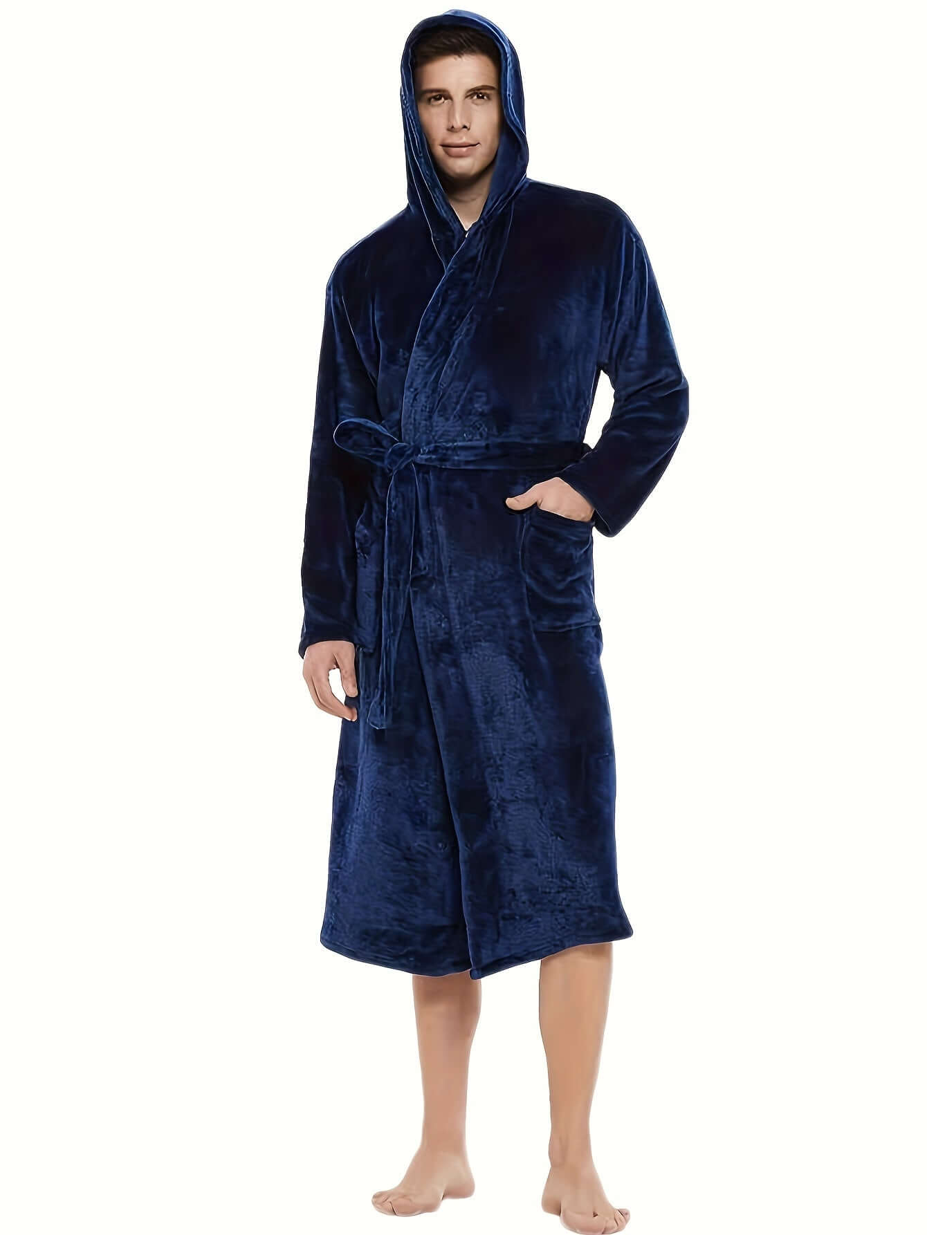 Men's cozy hooded robe in navy, soft coral fleece lounge wear for ultimate comfort and style at home.