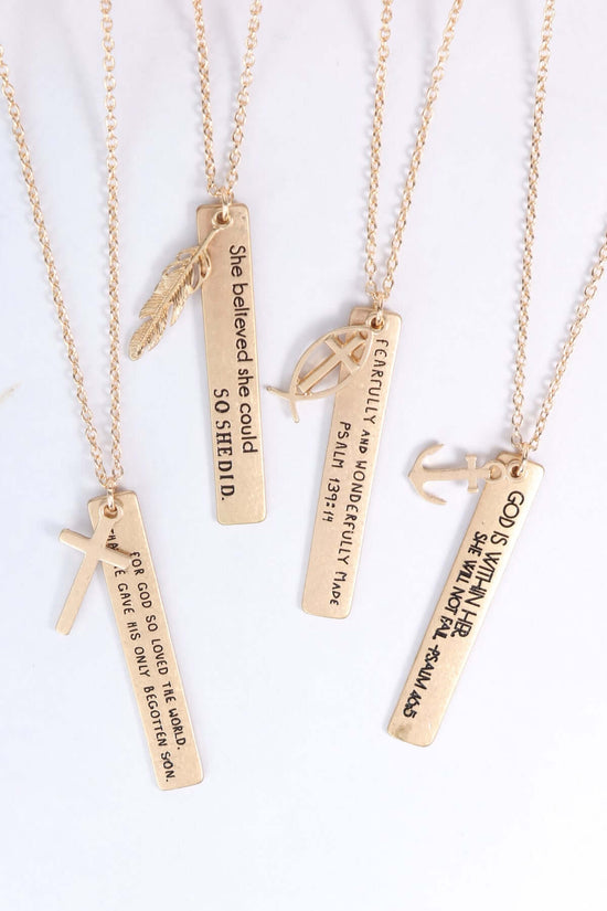 Collection of gold charm pendant necklaces with inspirational engraved messages and symbols for meaningful gifting.