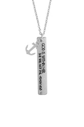 Dainty silver charm pendant necklace with engraved message "God Is Within Her" and anchor detail.