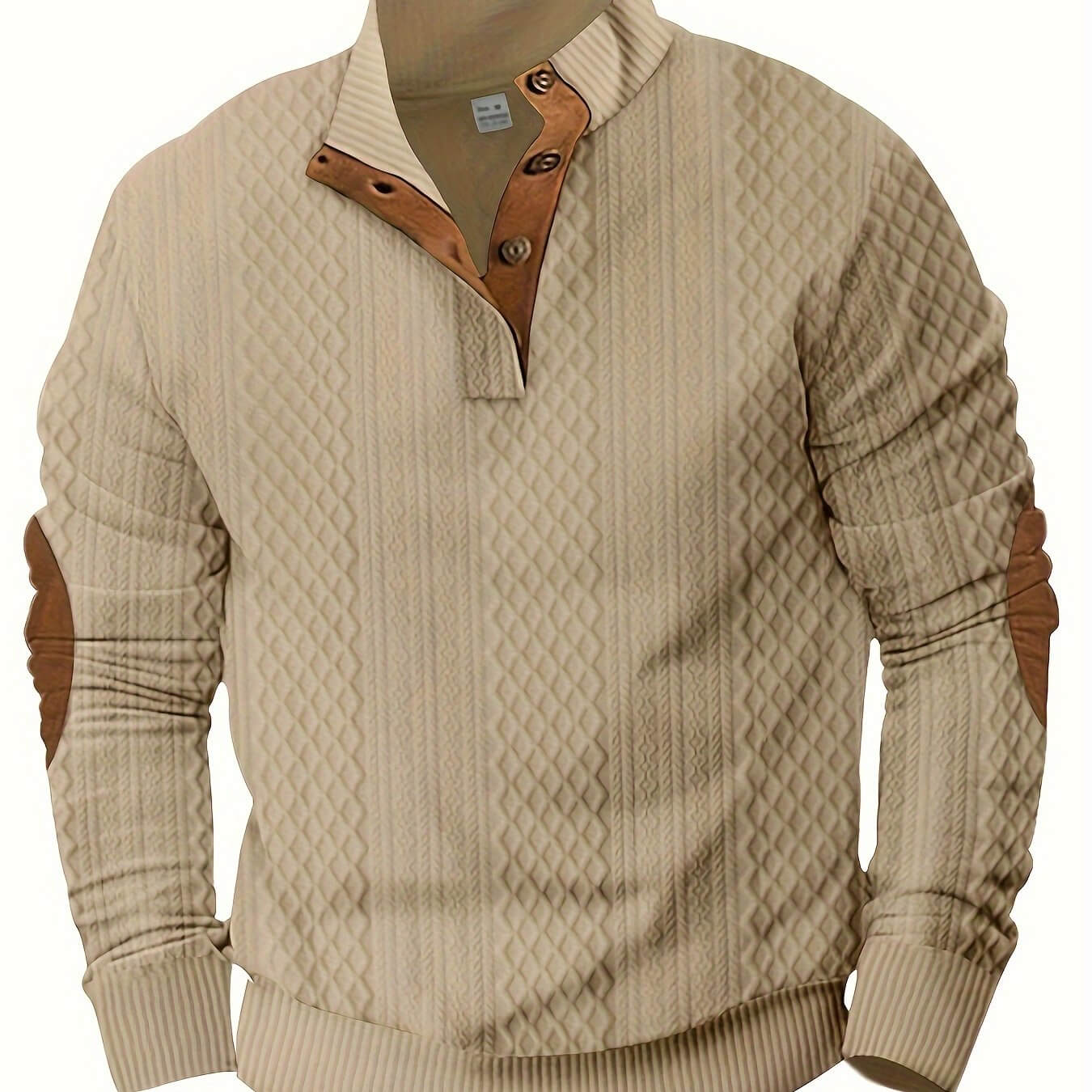 Beige color block men's knitted shirt with textured pattern, perfect for stylish spring and fall outfits.