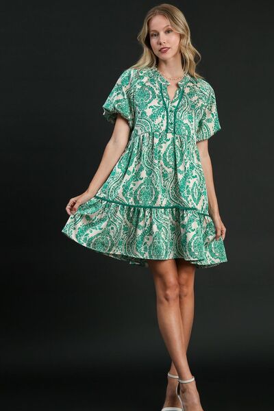 Umgee plus size mini dress with green paisley print, notched neckline, puff sleeves, stylish and feminine look.