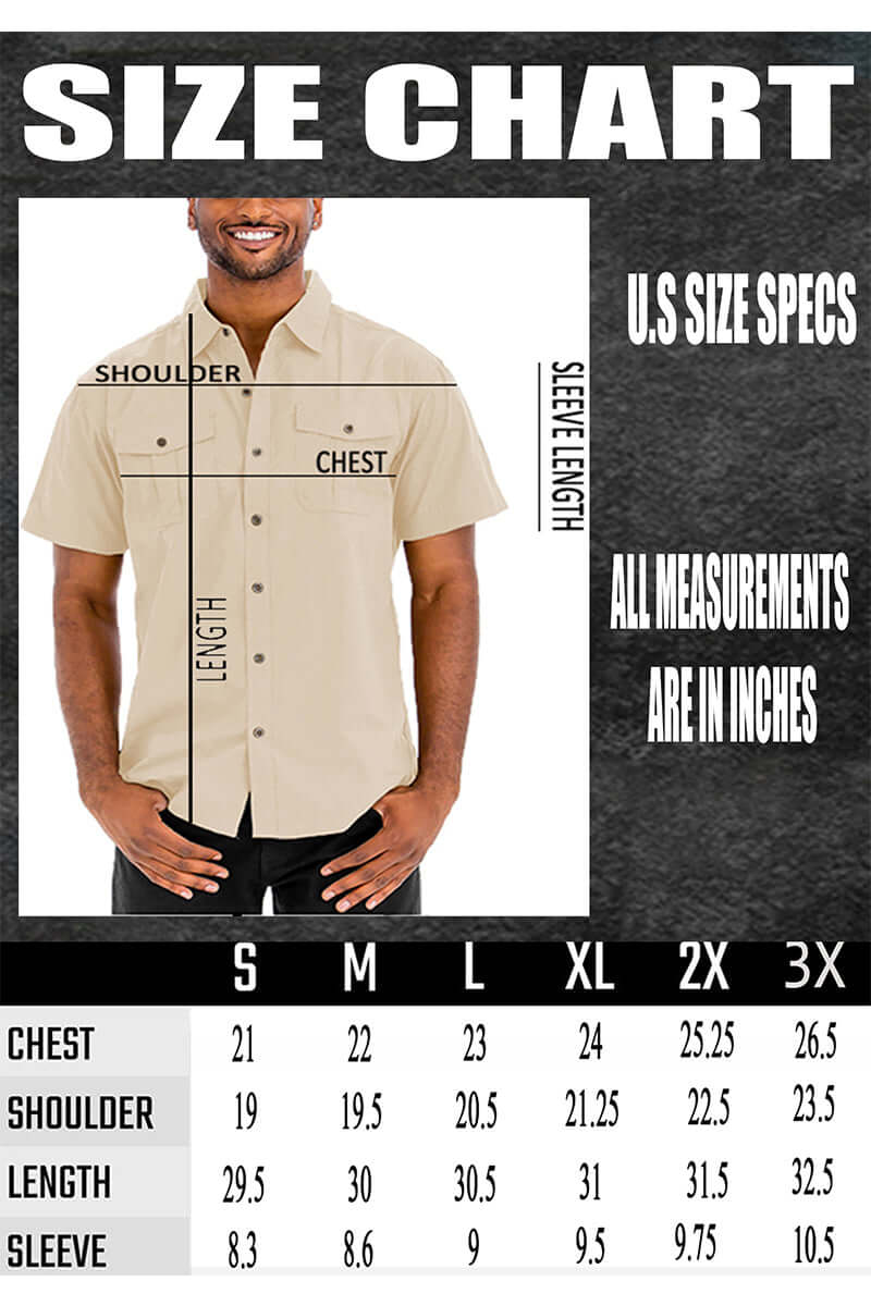 Size chart for Two Pocket Button Down Shirt featuring measurements in inches for various sizes.