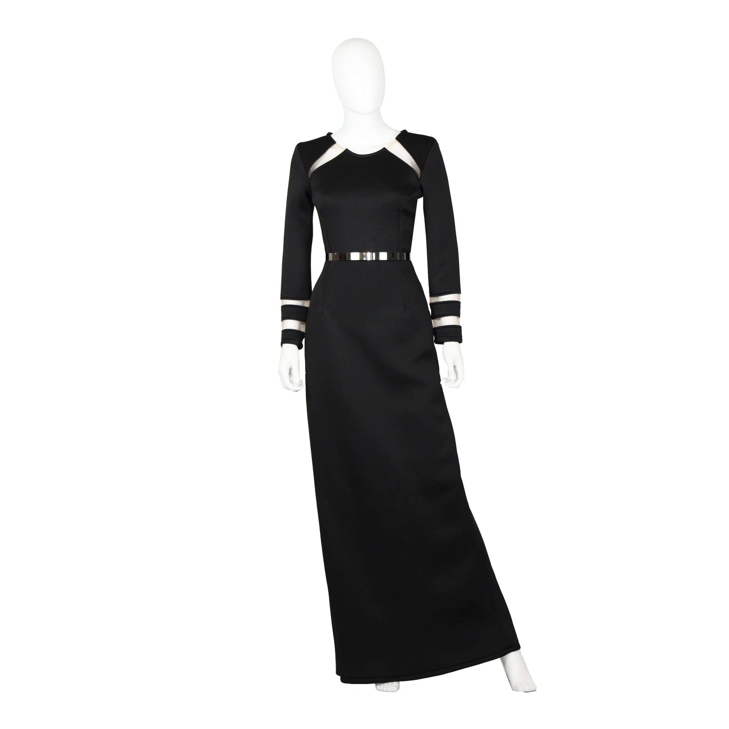 Elegant graphic cutouts evening dress featuring long sleeves and a stylish belt, made from quality neoprene fabric.