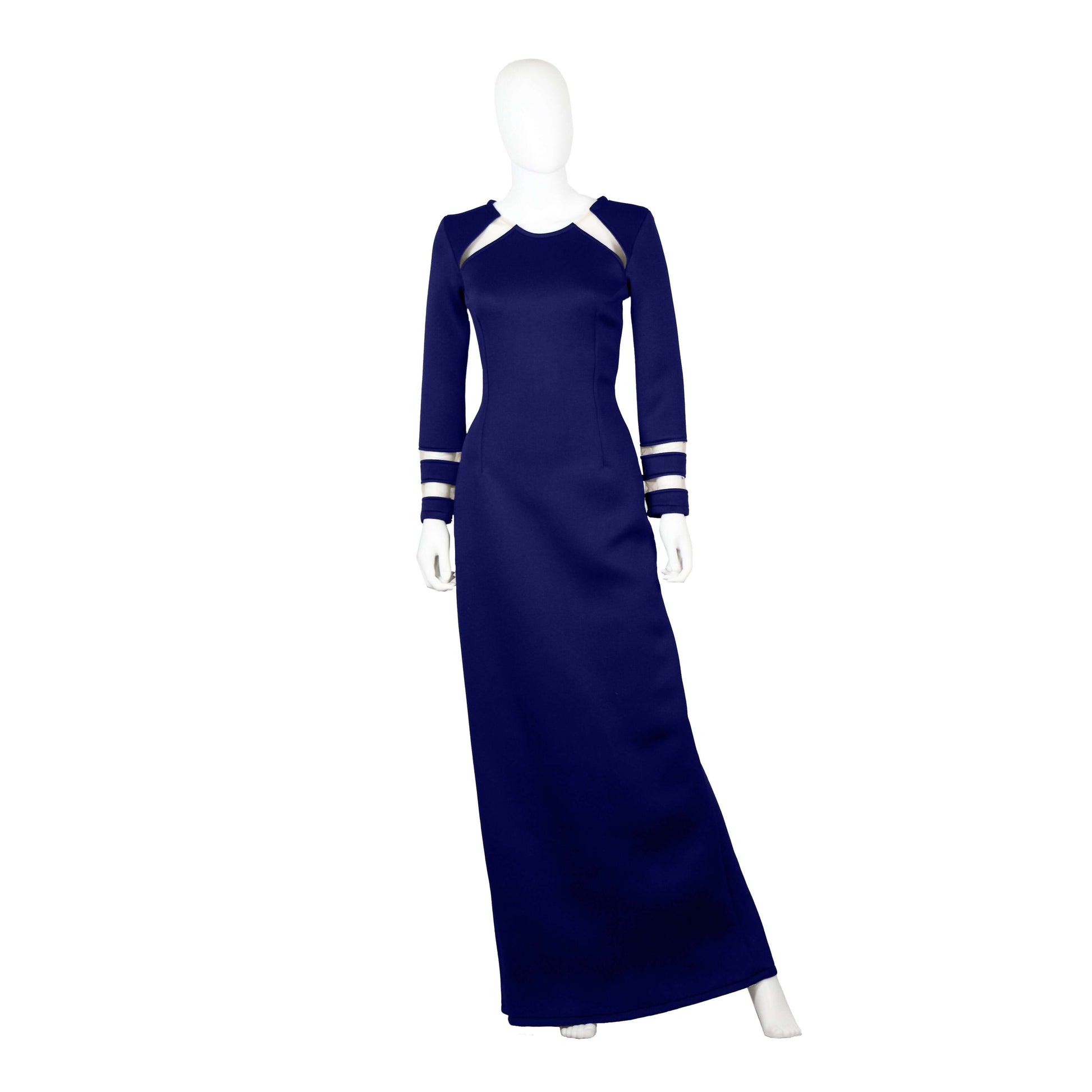 Elegant navy blue graphic cutouts evening dress featuring long sleeves and a sleek silhouette.