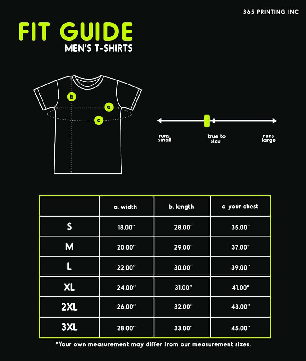 Fit guide for men's t-shirts showing sizing chart with measurements for Small to 3XL.