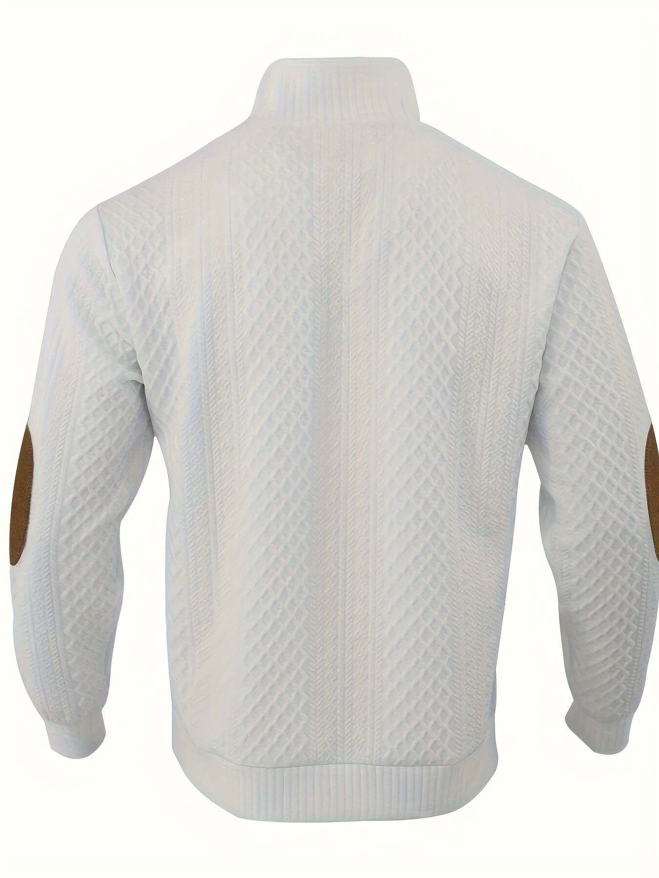 Back view of a stylish white knitted men's jacket with a textured pattern and brown elbow patches.