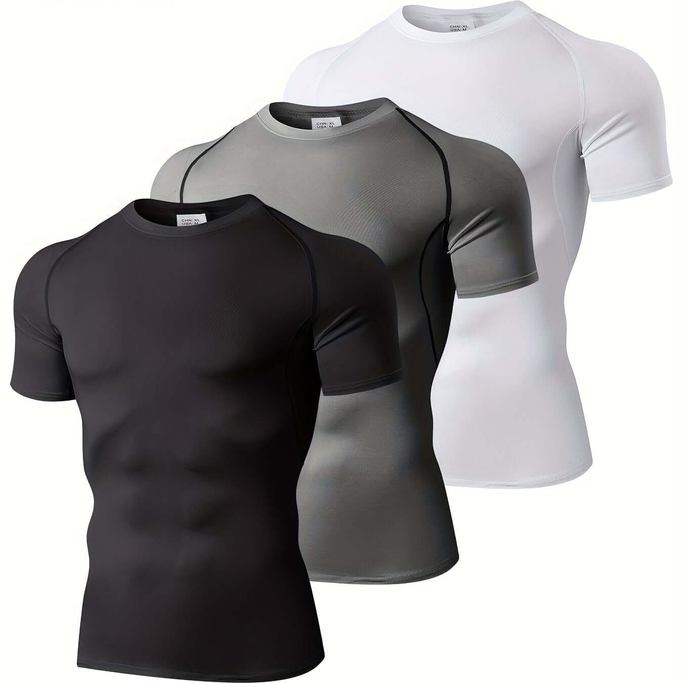 Men's compression workout t-shirt set in black, gray, and white for outdoor sports and exercise.