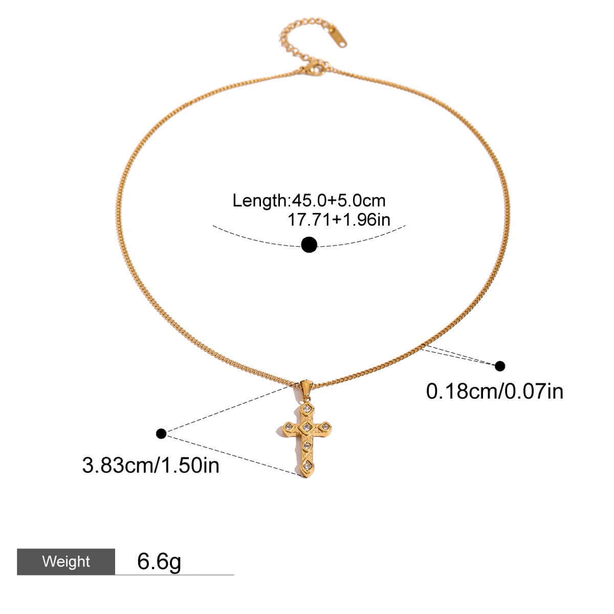 18K gold-plated cross pendant necklace with diamond inlay, showcasing luxury and elegance, ideal for fashion enthusiasts.