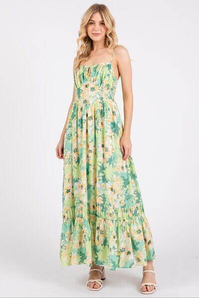 Floral smocked back ruffled hem maxi cami dress in green and yellow, perfect for summer outings and beach picnics.