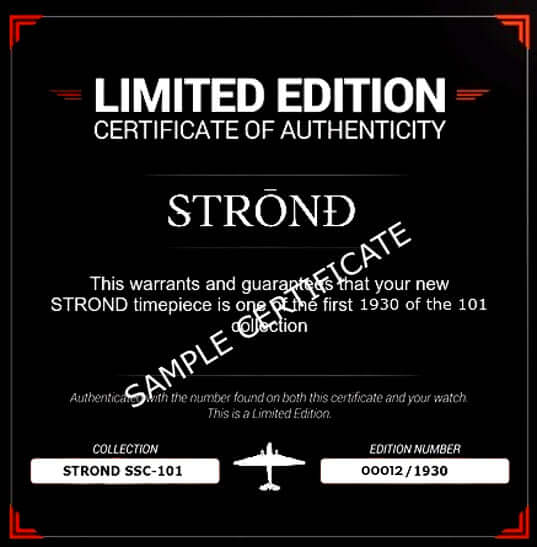 Limited Edition certificate of authenticity for STROND SSC-101 timepiece, highlighting its unique edition number.