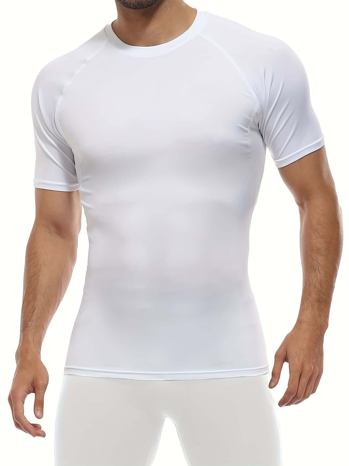 Men's white compression workout T-shirt for outdoor sports, featuring breathable fabric and flexible design.