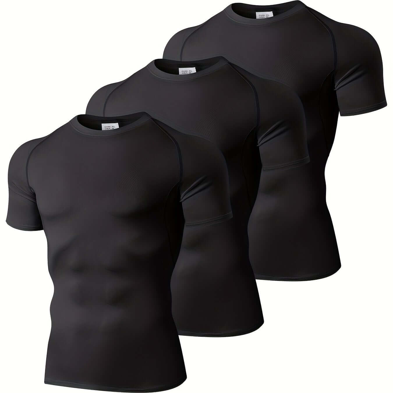 Men's compression workout t-shirt set in black for outdoor sports and activities.