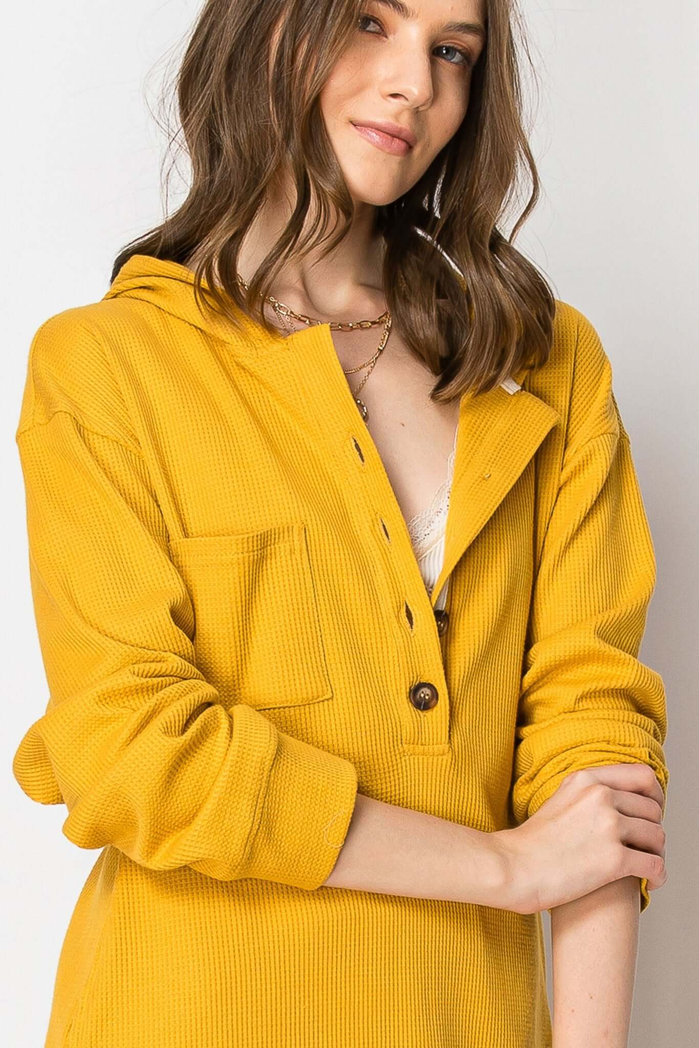 Waffle knit long sleeve button down hoodie shirt dress in yellow with pockets, perfect for cozy fall layering.