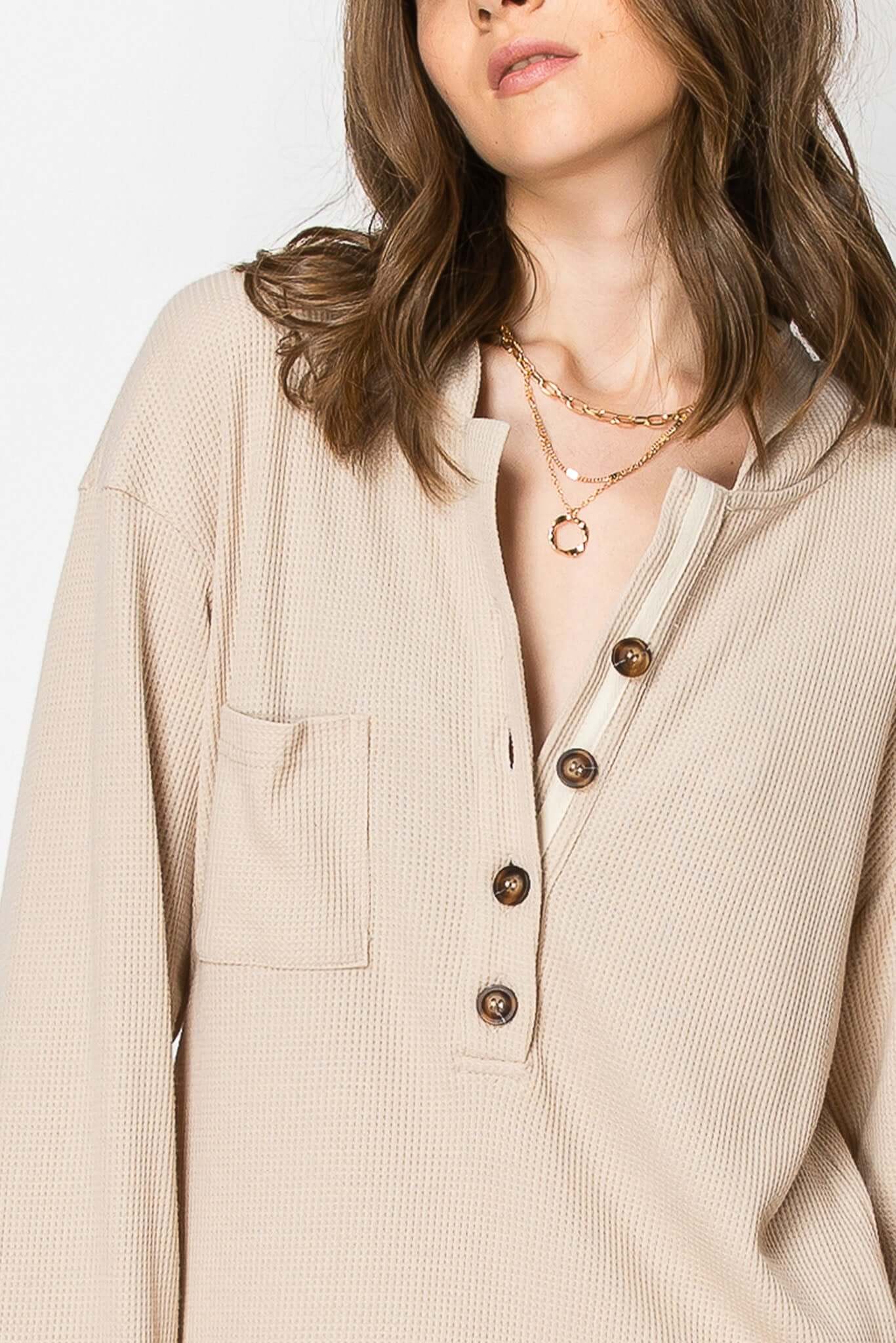 Waffle knit long sleeve button down hoodie dress in beige with pockets, perfect for cozy fall layering.