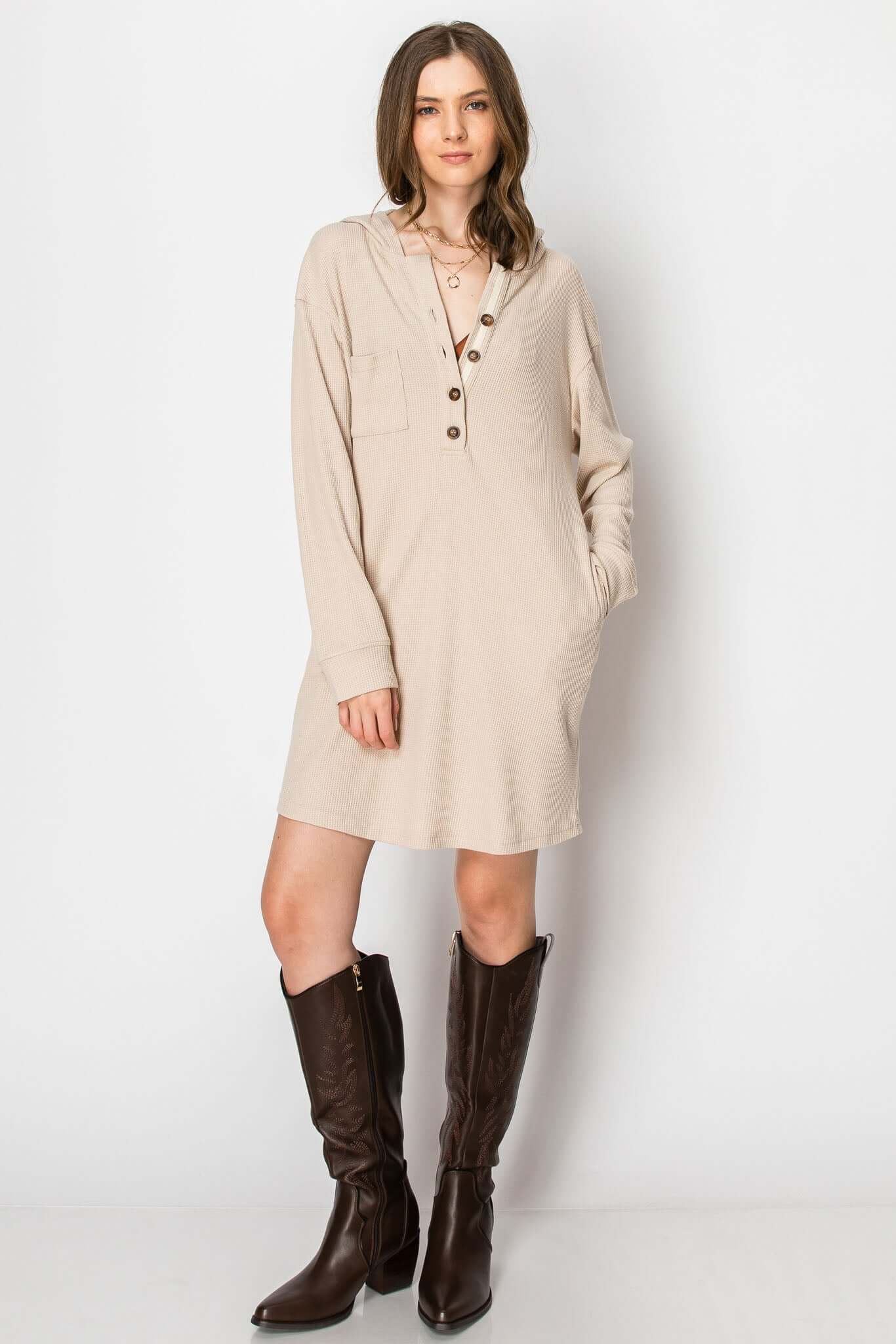 Waffle knit long sleeve button down hoodie dress in beige with pockets, perfect for cozy fall layering.