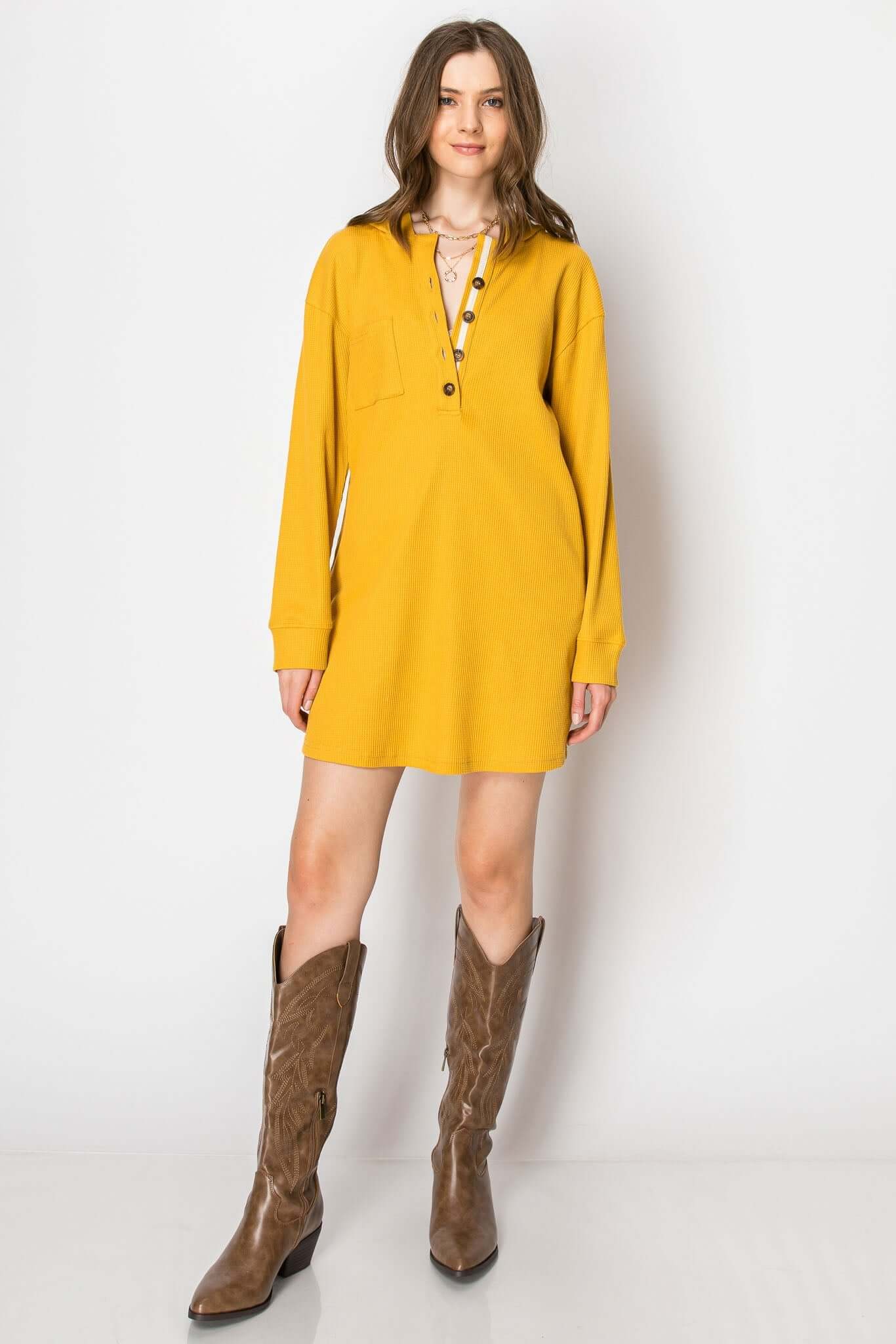 Waffle knit long sleeve button down hoodie dress in mustard color, styled with western boots, perfect for cozy fall outfits.