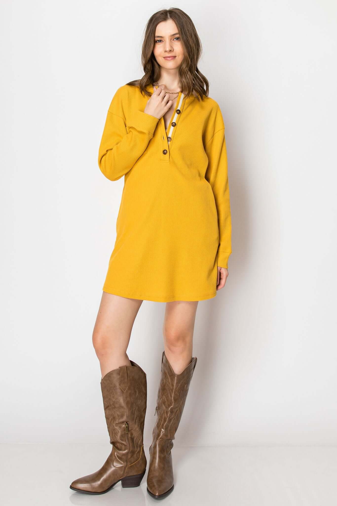 Waffle knit long sleeve yellow button down hoodie dress with pockets, perfect for cozy fall layering.