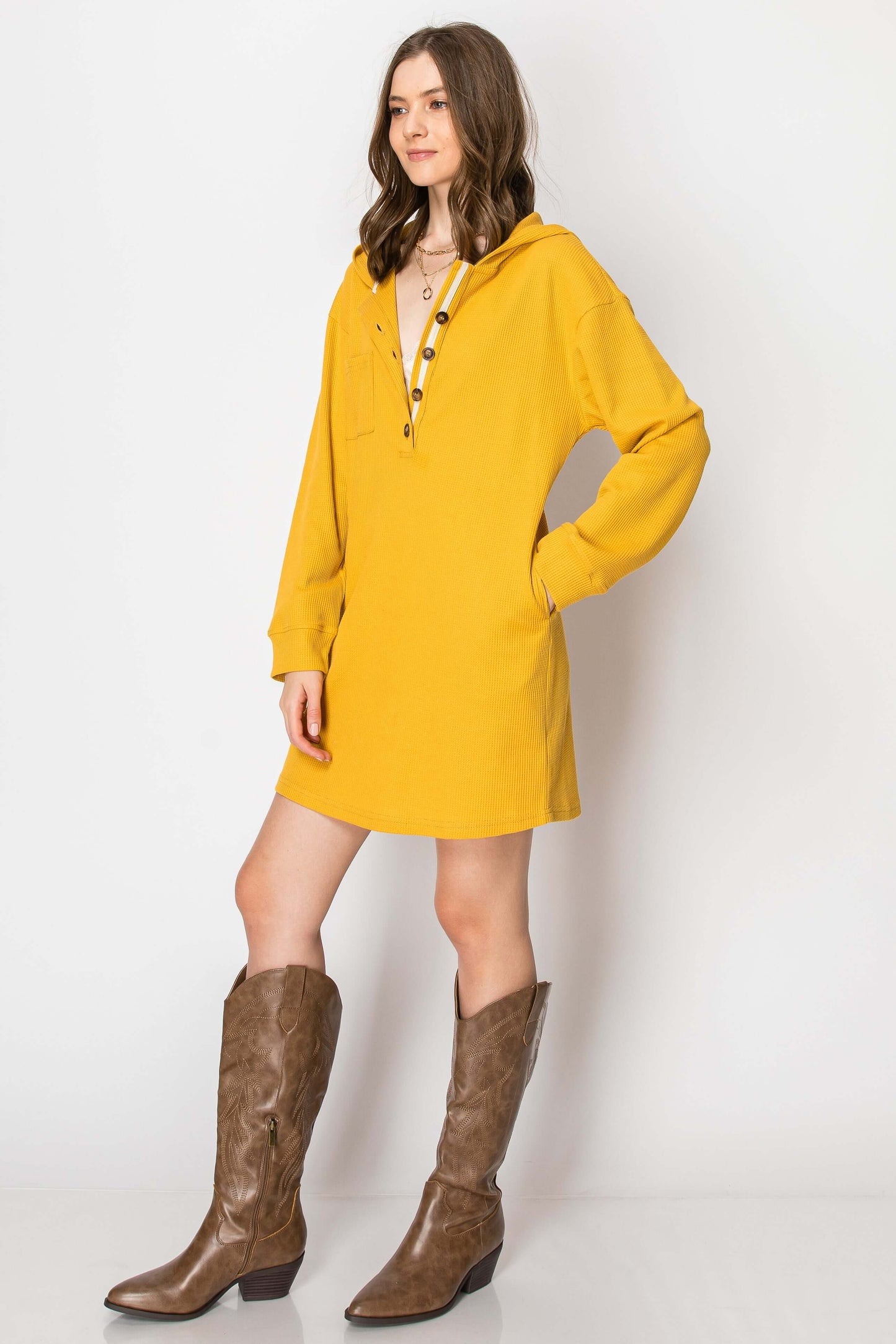 Waffle knit long sleeve button down hoodie dress in yellow with pockets, perfect for cozy fall layering.