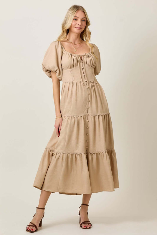 Stylish tiered bubble sleeve midi dress in beige, perfect for any occasion with button details and a flattering silhouette.