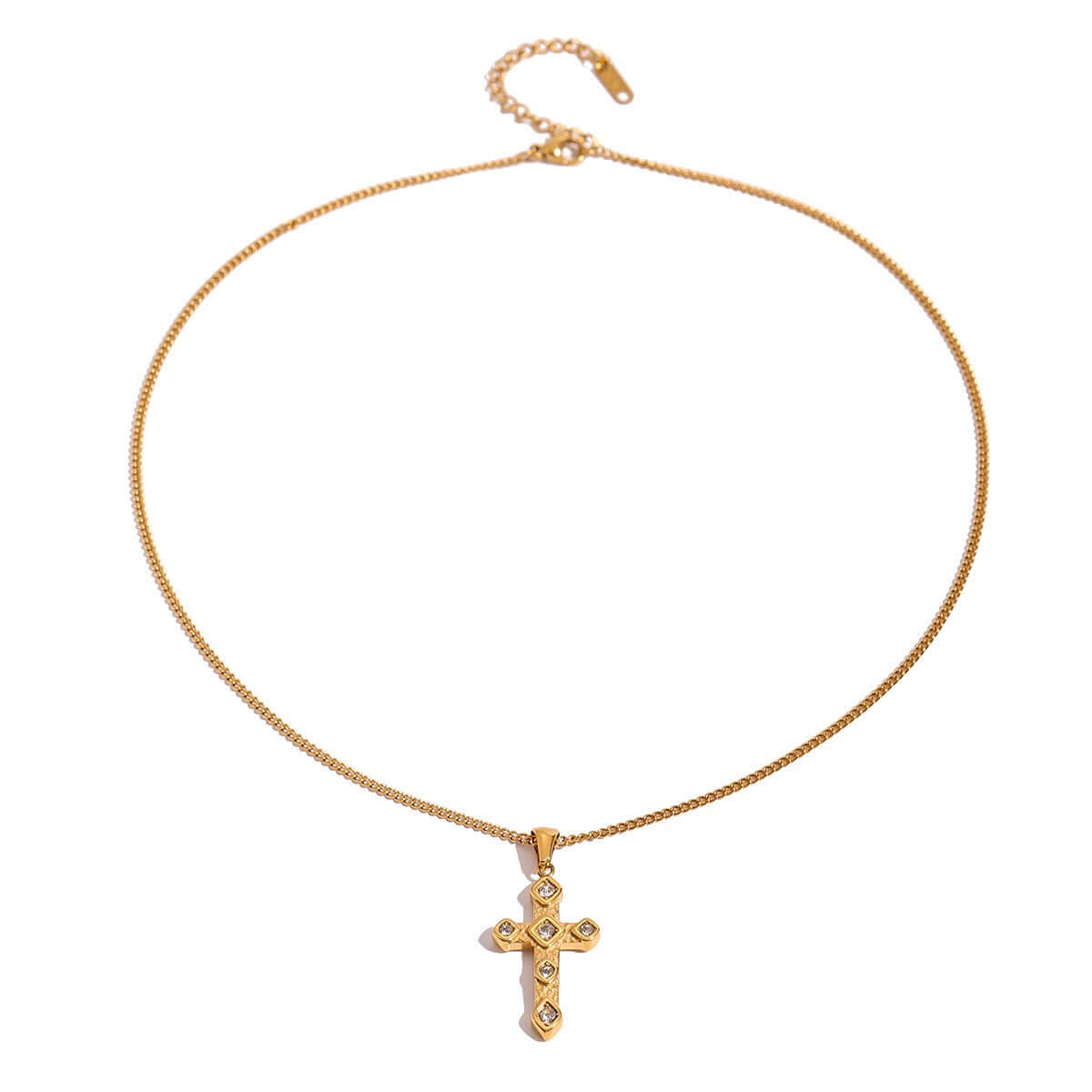 18K gold-plated luxury cross pendant necklace with diamond inlay, embodying elegance and faith.