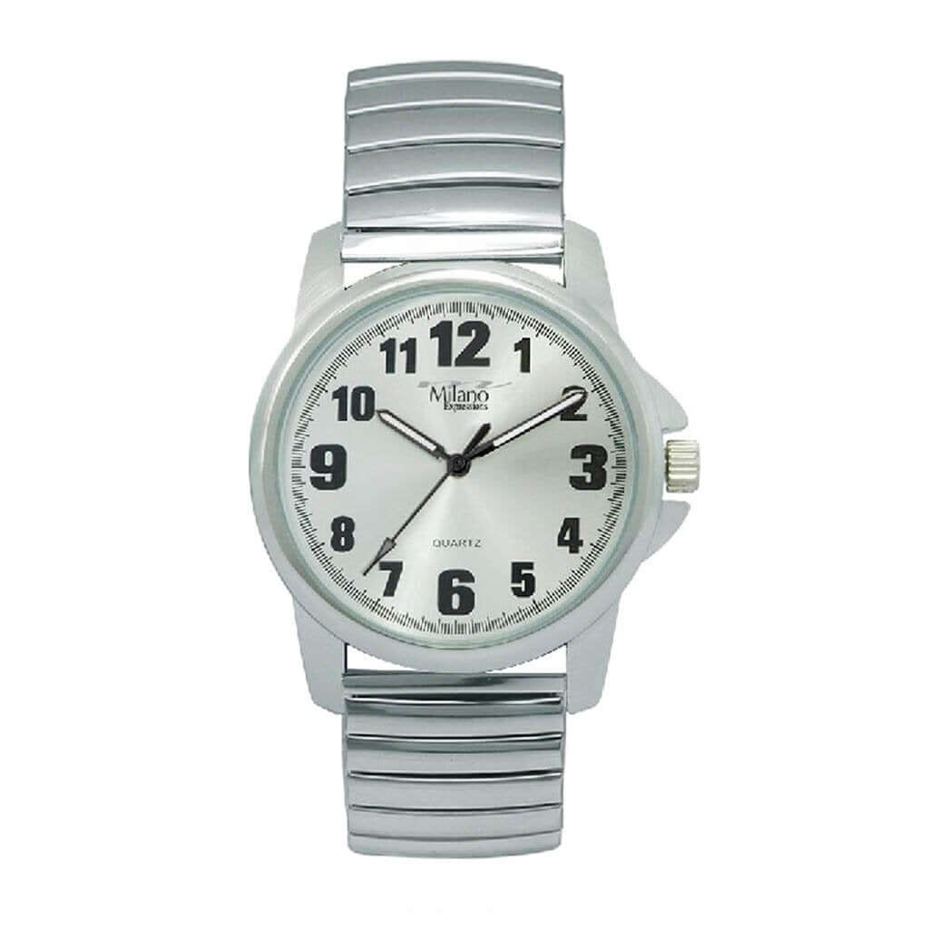 M Milano Expressions silver flex band watch with white dial and analog movement, stylish and durable design.