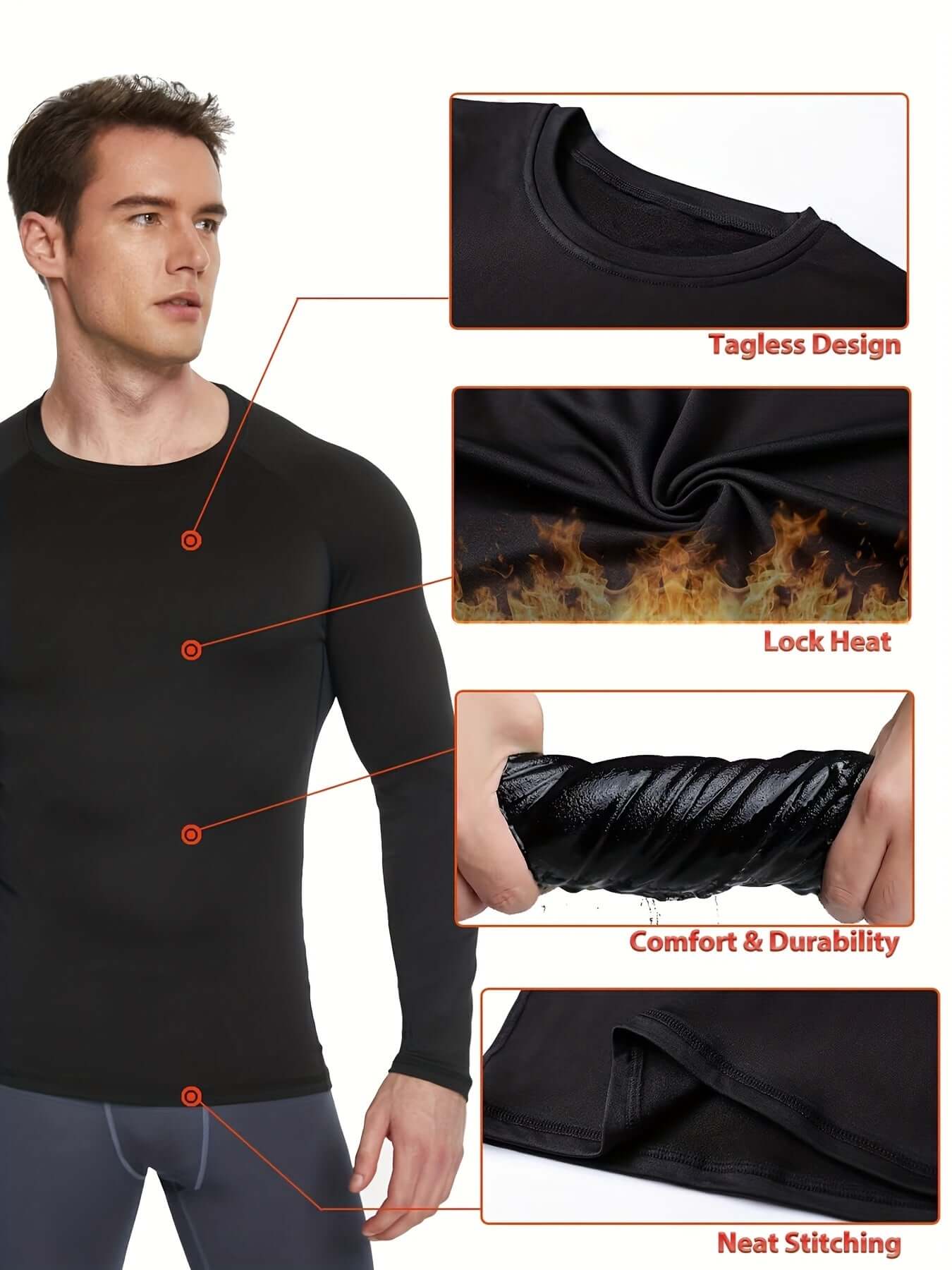 Men's long sleeve thermal compression shirt showcasing tagless design and neat stitching, ideal for athletic and casual wear.